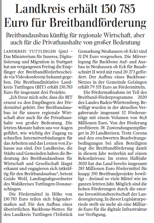 BIT erhält vom Land Baden-Württemberg insgesamt 130.783 Euro für den Backboneausbau im Landkreis Tuttlingen