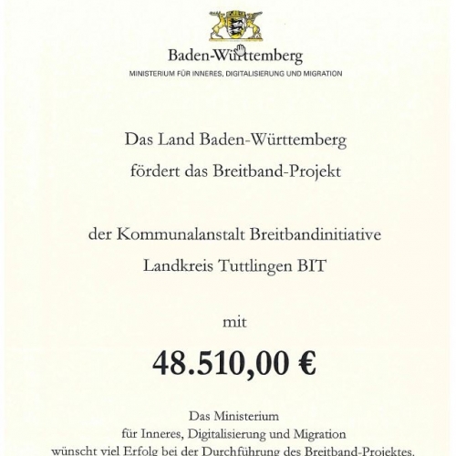 BIT erhält von Minister Strobl einen Förderbescheid über 48.510,00 Euro für den Backboneausbau in Immendingen