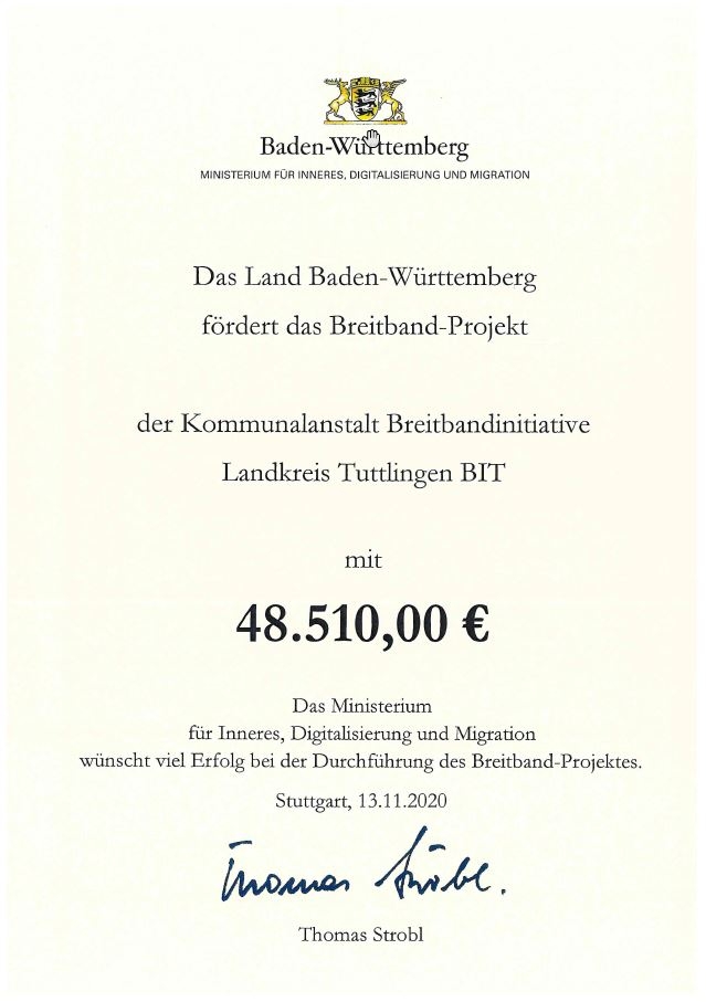 BIT erhält von Minister Strobl einen Förderbescheid über 48.510,00 Euro für den Backboneausbau in Immendingen