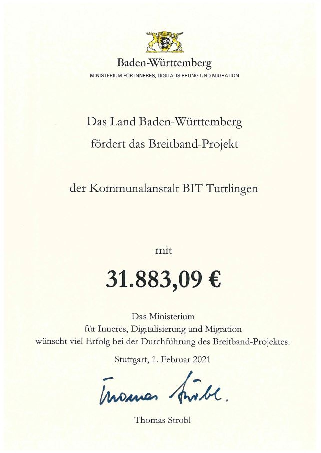 Kommunalanstalt BIT erhält 31.883,09 Euro Landesförderung für den innerörtlichen Backbone-Ausbau in Denkingen