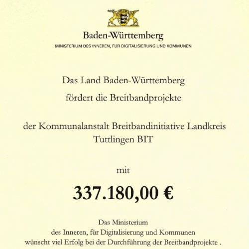 BIT erhält 337.180,00 Euro Landesförderung für den Backbone-Ausbau im Landkreis Tuttlingen