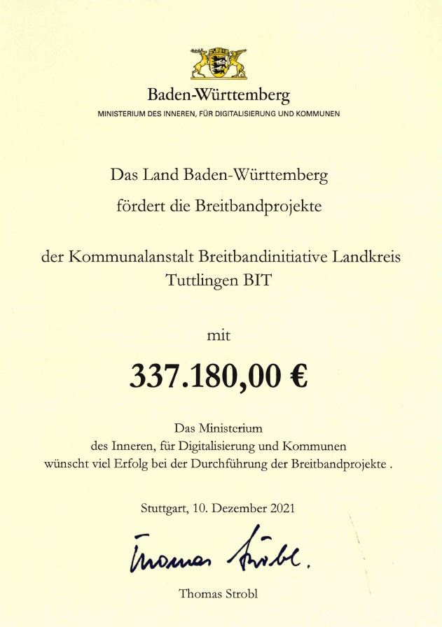 BIT erhält 337.180,00 Euro Landesförderung für den Backbone-Ausbau im Landkreis Tuttlingen