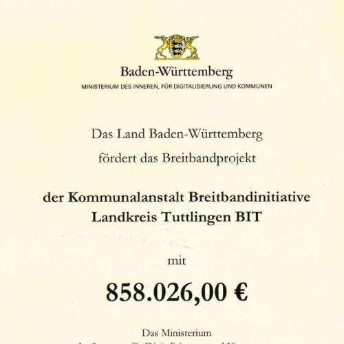 BIT erhält weitere 858.026 Euro Förderung vom Land für den Backbone-Ausbau im Landkreis Tuttlingen