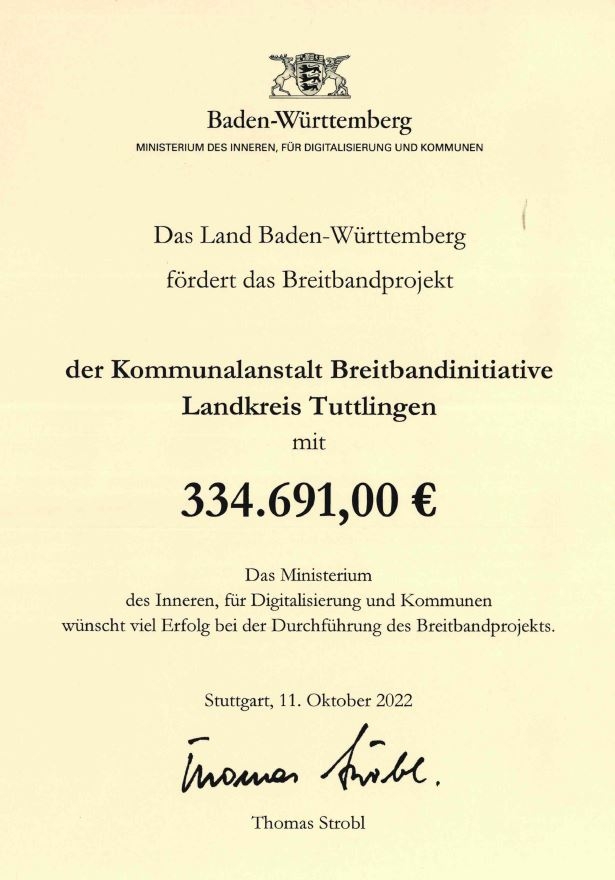 BIT erhält 334.691,00 Euro Landesförderung für den landkreisweiten Backbone-Ausbau